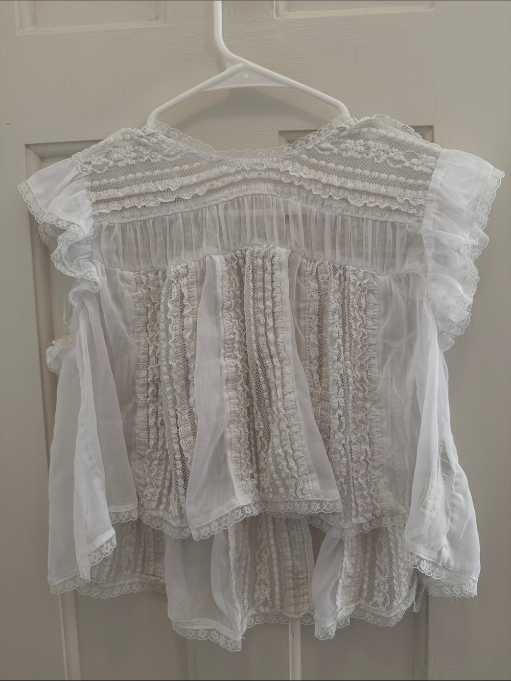 Free People Sheer White Lace-Trim RuffledBlouse